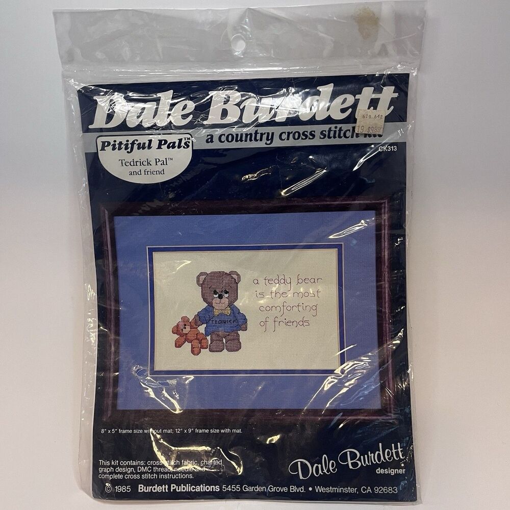 VTG Dale Burnett Counted Cross Stitch Kit "Pitiful Pals" Teddy Bear Themed 1985